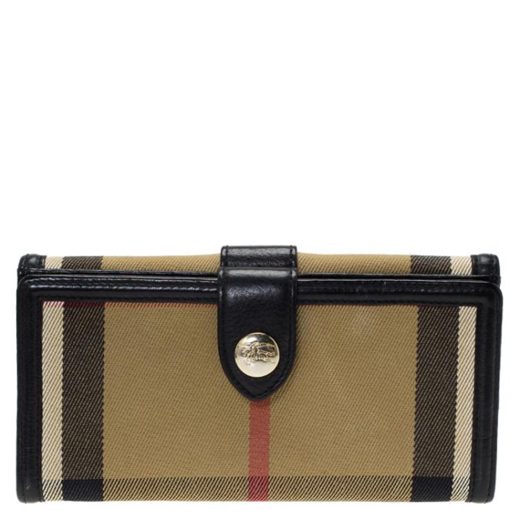 Pre Owned Burberry Beige/Black House Check Fabric Large D-Ring Wallet