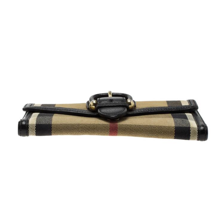 Pre Owned Burberry Beige/Black House Check Fabric Large D-Ring Wallet
