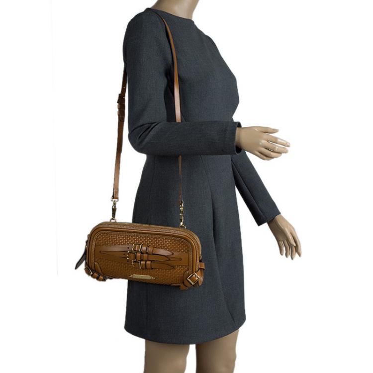 Pre Owned Burberry Brown Woven Leather Bridle Belted Clutch
