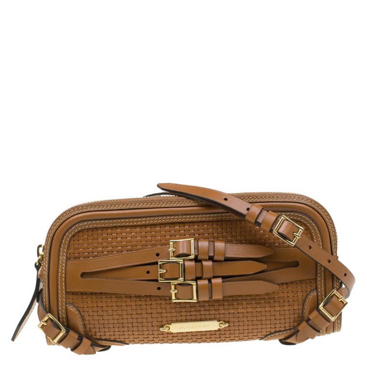 Pre Owned Burberry Brown Woven Leather Bridle Belted Clutch