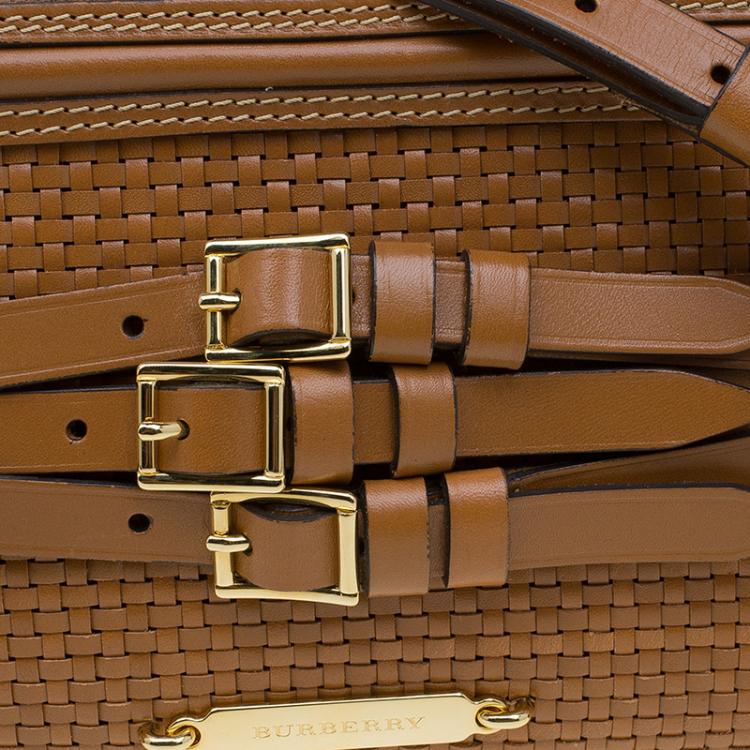 Pre Owned Burberry Brown Woven Leather Bridle Belted Clutch