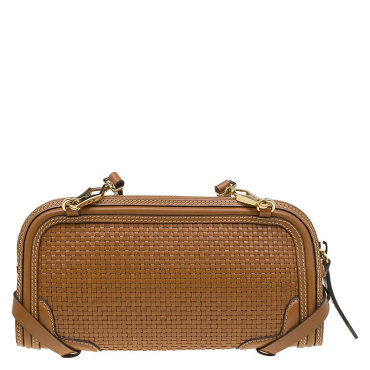 Pre Owned Burberry Brown Woven Leather Bridle Belted Clutch