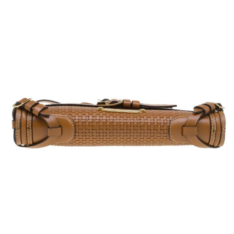 Pre Owned Burberry Brown Woven Leather Bridle Belted Clutch