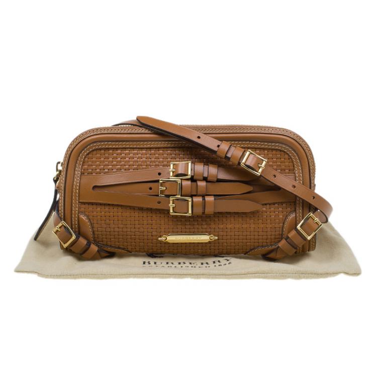 Pre Owned Burberry Brown Woven Leather Bridle Belted Clutch