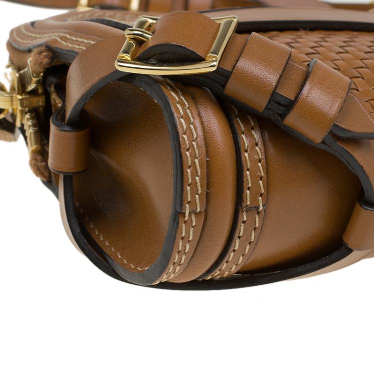 Pre Owned Burberry Brown Woven Leather Bridle Belted Clutch
