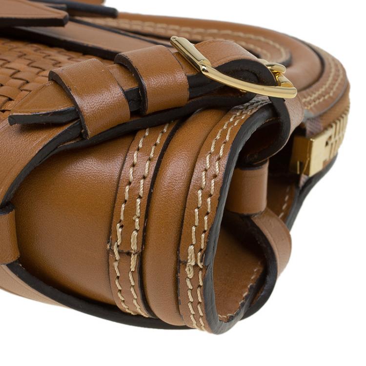 Pre Owned Burberry Brown Woven Leather Bridle Belted Clutch