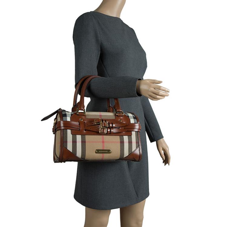 Pre Owned Burberry Brown House Check Leather Bridle Bowling Bag