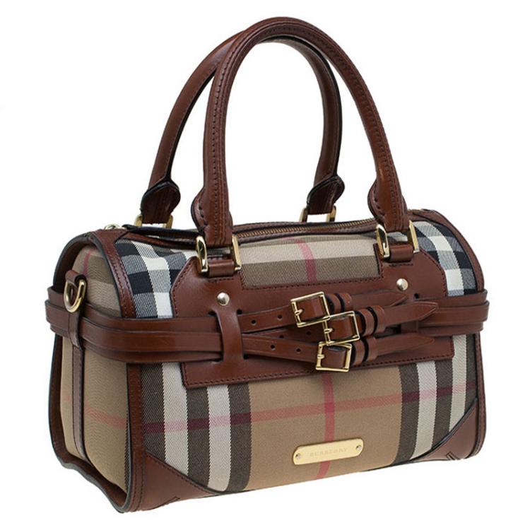 Pre Owned Burberry Brown House Check Leather Bridle Bowling Bag