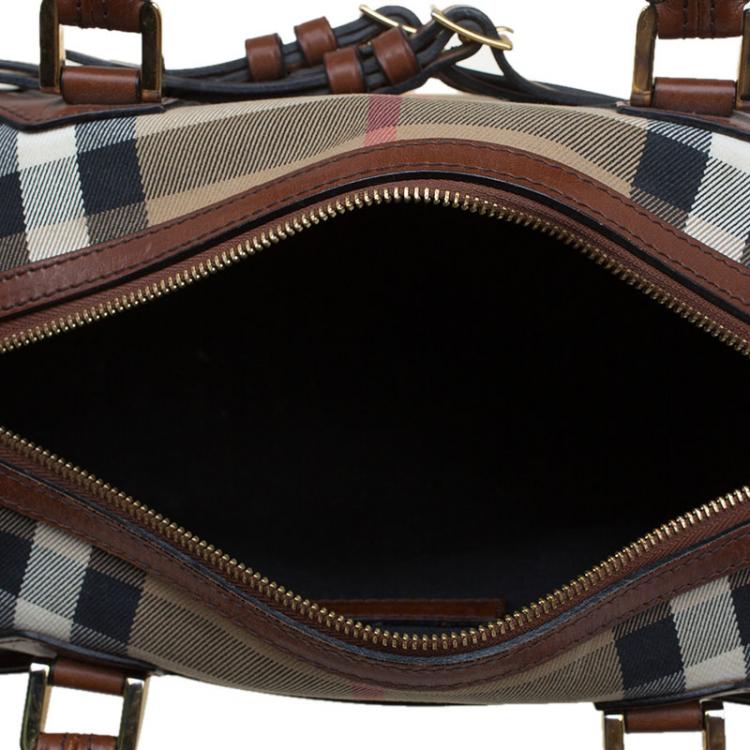 Pre Owned Burberry Brown House Check Leather Bridle Bowling Bag