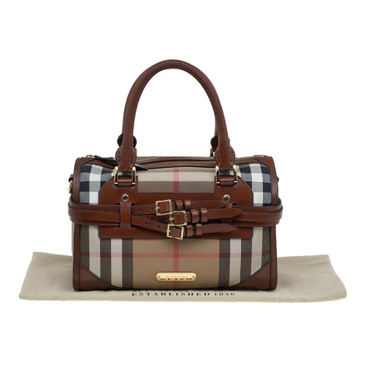 Pre Owned Burberry Brown House Check Leather Bridle Bowling Bag