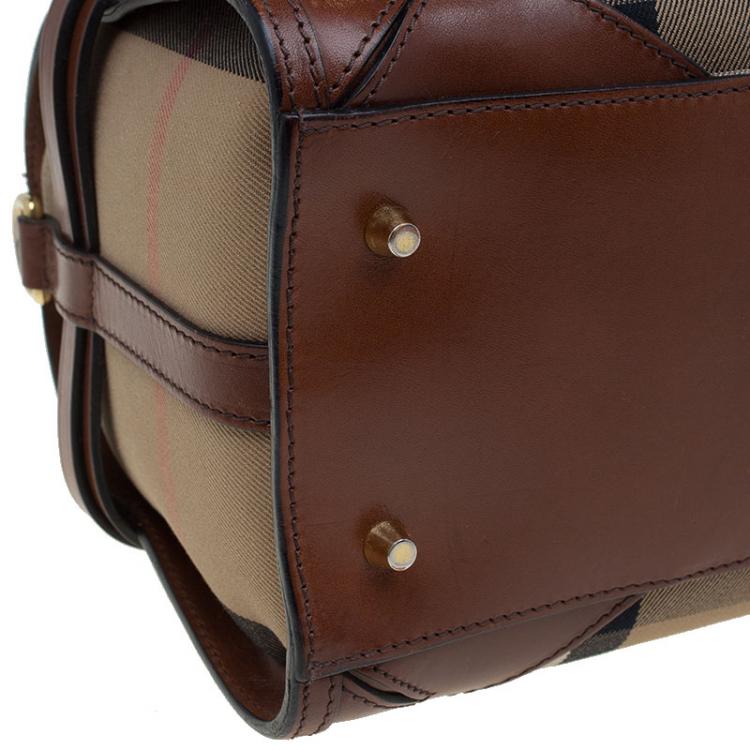 Pre Owned Burberry Brown House Check Leather Bridle Bowling Bag
