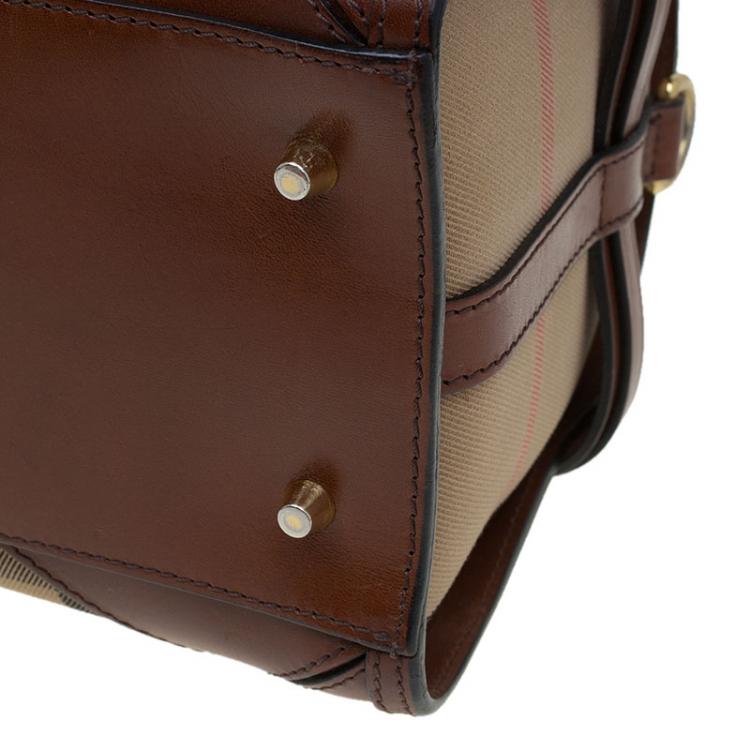 Pre Owned Burberry Brown House Check Leather Bridle Bowling Bag