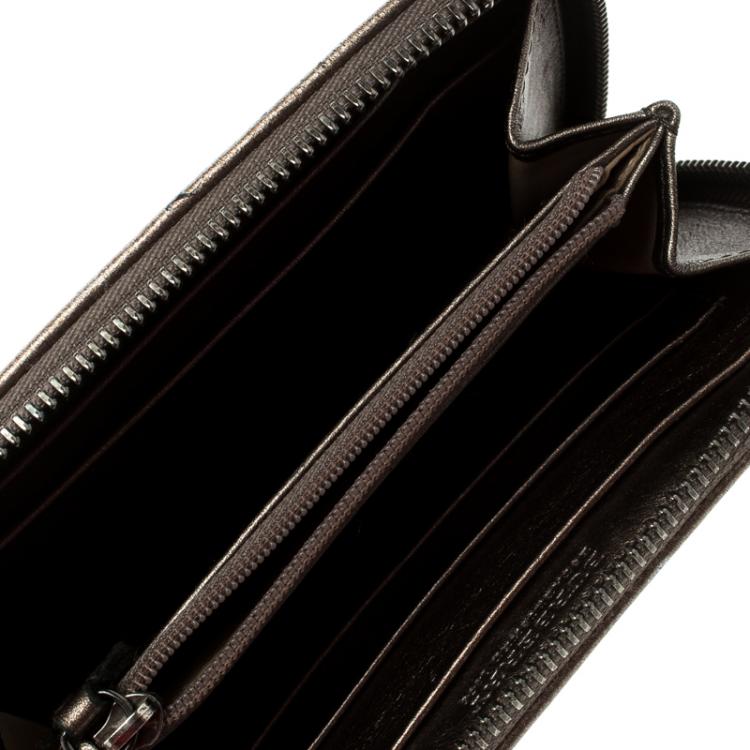 Pre Owned Burberry Bronze Floral Embossed Nova Check Zip Around Wallet
