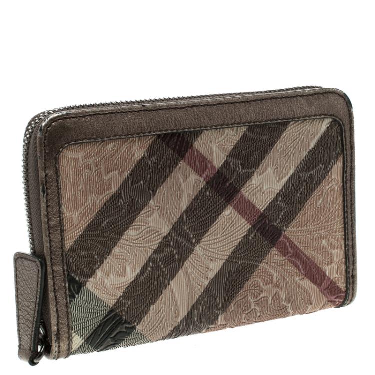 Pre Owned Burberry Bronze Floral Embossed Nova Check Zip Around Wallet