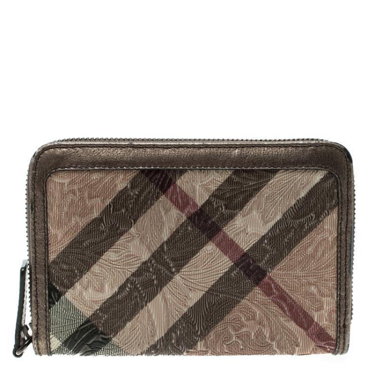 Pre Owned Burberry Bronze Floral Embossed Nova Check Zip Around Wallet