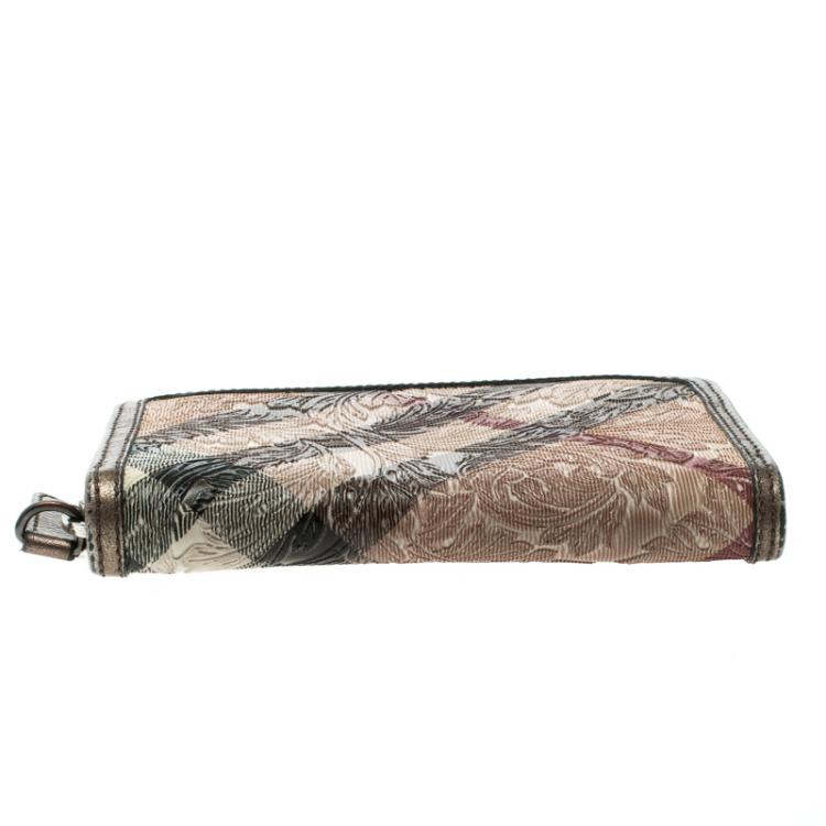 Pre Owned Burberry Bronze Floral Embossed Nova Check Zip Around Wallet
