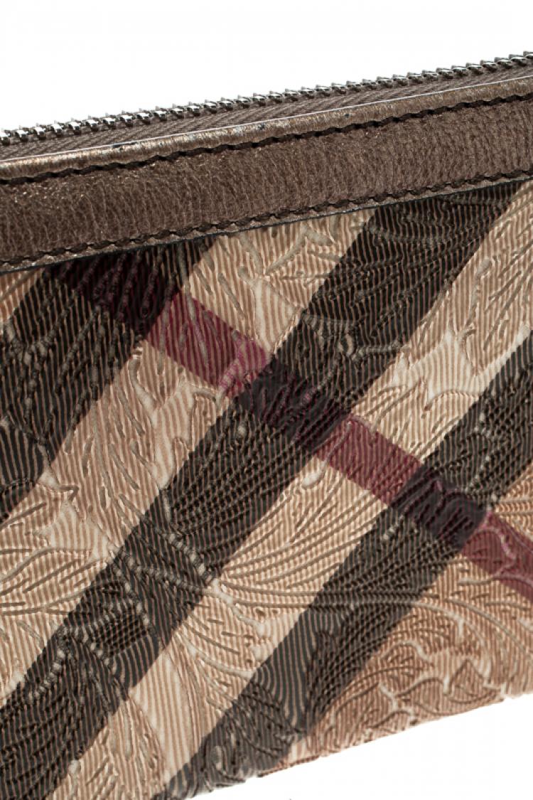Pre Owned Burberry Bronze Floral Embossed Nova Check Zip Around Wallet
