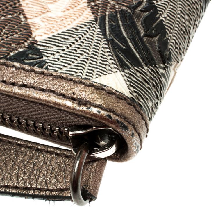 Pre Owned Burberry Bronze Floral Embossed Nova Check Zip Around Wallet