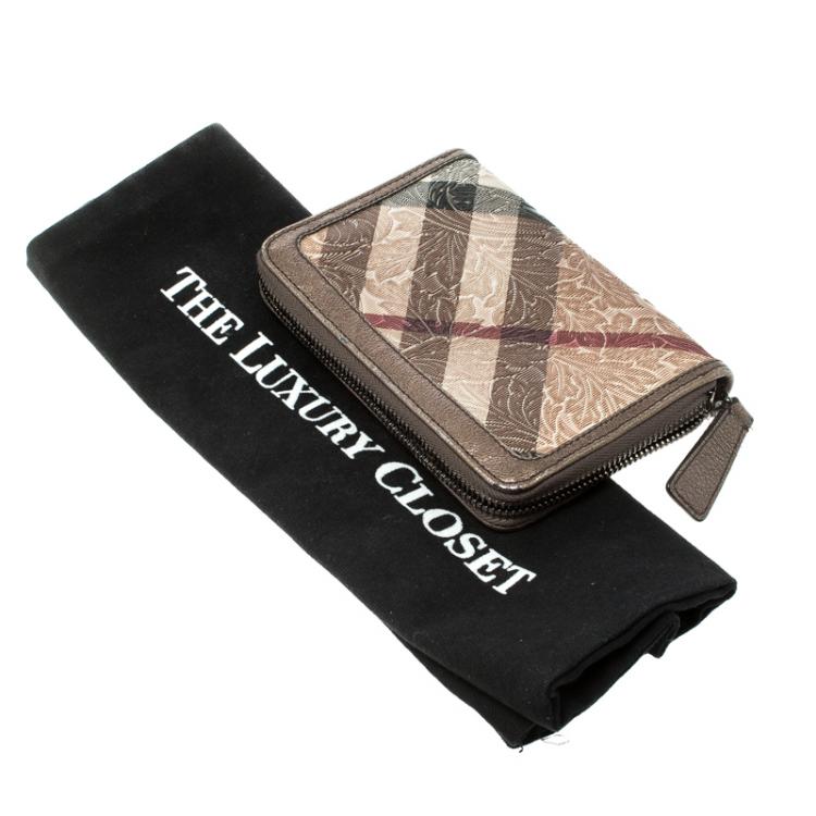 Pre Owned Burberry Bronze Floral Embossed Nova Check Zip Around Wallet