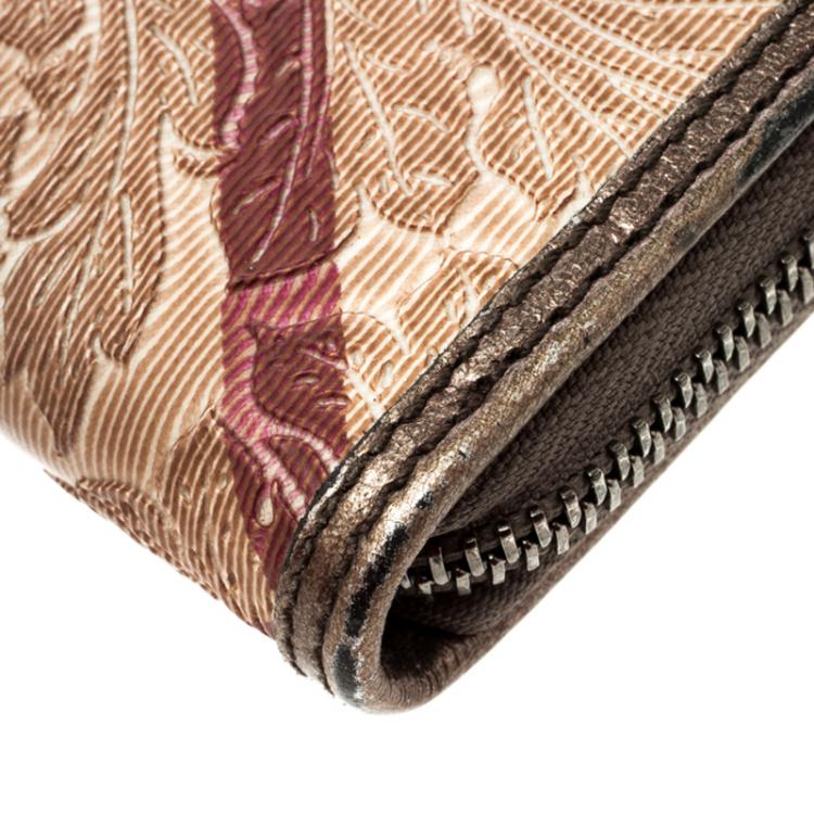 Pre Owned Burberry Bronze Floral Embossed Nova Check Zip Around Wallet