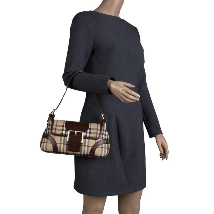 Pre Owned Burberry Beige/Brown Haymarket Check Canvas Shoulder Bag