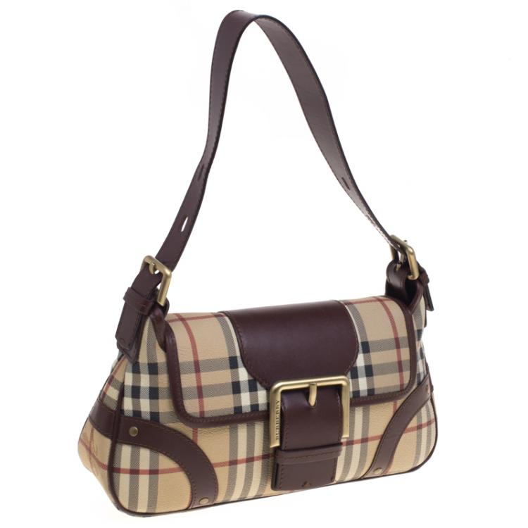 Pre Owned Burberry Beige/Brown Haymarket Check Canvas Shoulder Bag