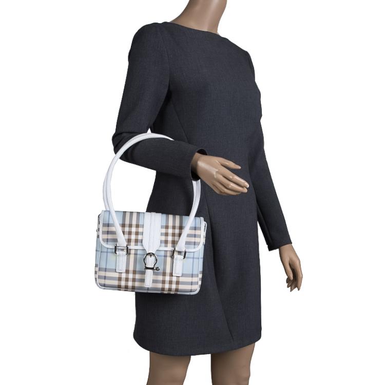 Pre Owned Burberry White/Blue House Check Canvas Tote