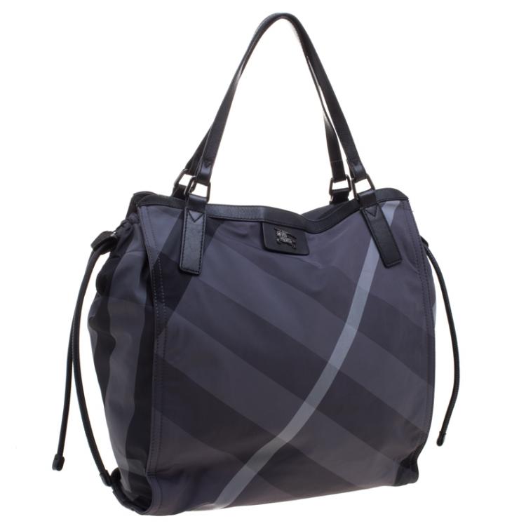 Pre Owned Burberry Black Beat Check Nylon Drawstring Tote