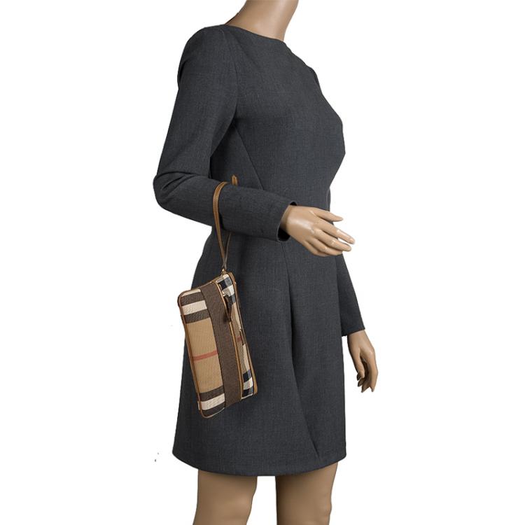 Pre Owned Burberry Light Brown House Check Fabric Wristlet Clutch