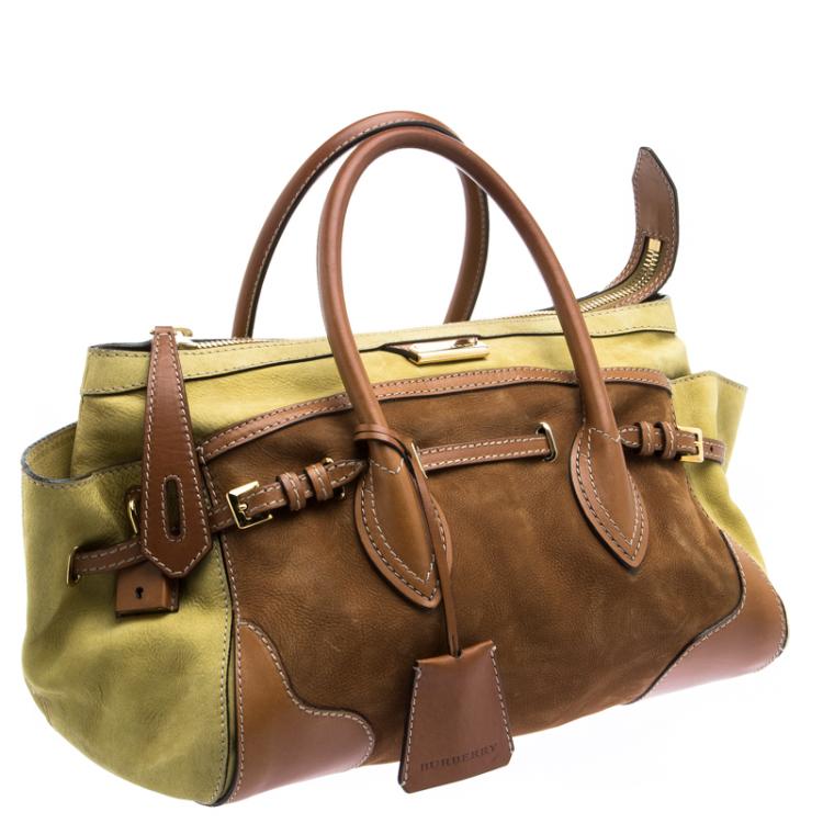 Pre Owned Burberry Yellow Green/Brown Nubuck Leather Bowling Bag