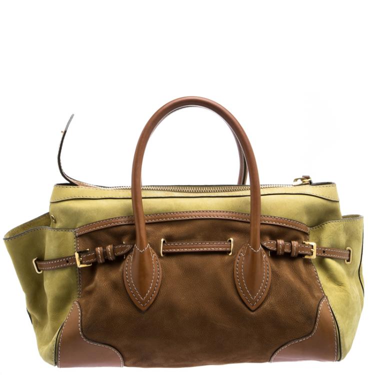 Pre Owned Burberry Yellow Green/Brown Nubuck Leather Bowling Bag
