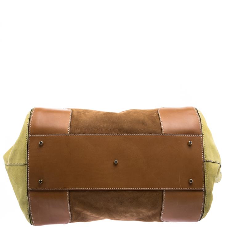 Pre Owned Burberry Yellow Green/Brown Nubuck Leather Bowling Bag