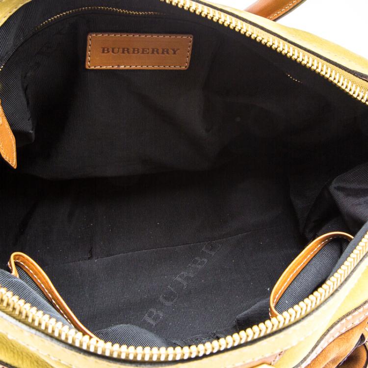 Pre Owned Burberry Yellow Green/Brown Nubuck Leather Bowling Bag