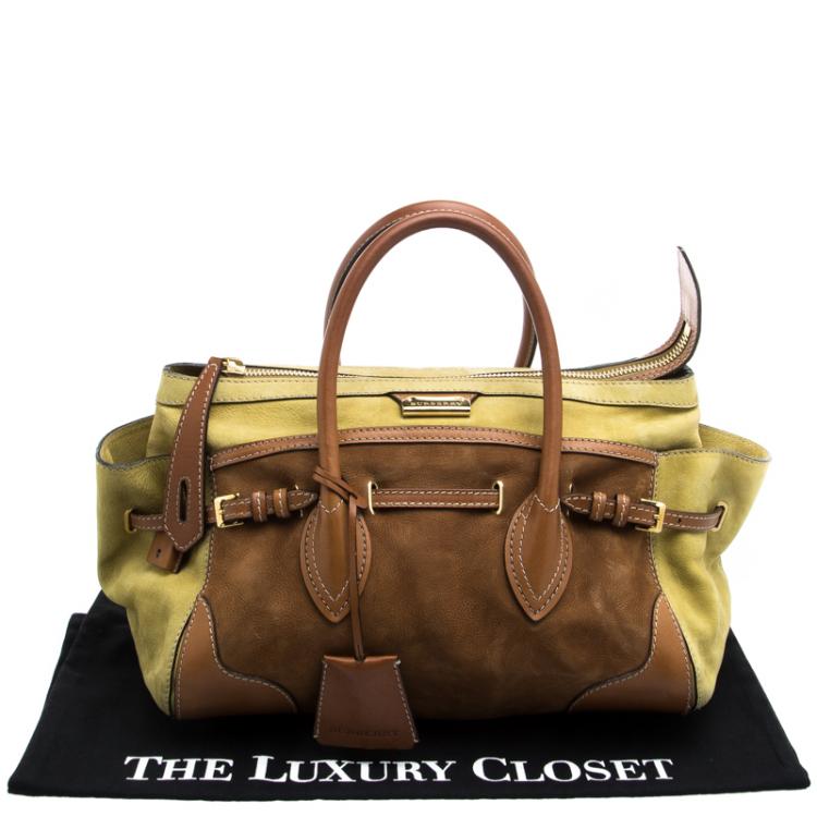 Pre Owned Burberry Yellow Green/Brown Nubuck Leather Bowling Bag