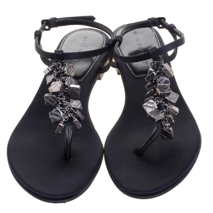 Pre Owned Burberry Black Embellished Satin Thong Sandals Size 40