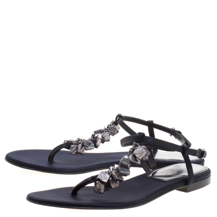 Pre Owned Burberry Black Embellished Satin Thong Sandals Size 40