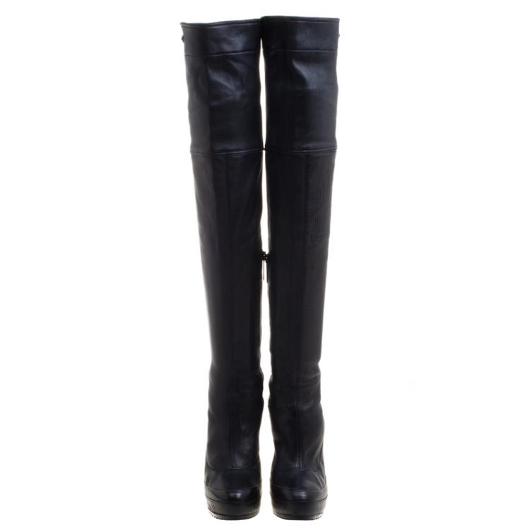 Pre Owned Burberry Prorsum Black Leather Knee High Boots Size 37.5