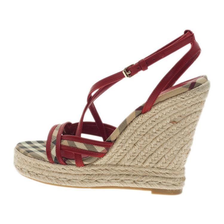 Pre Owned Burberry Red Leather Espadrille Wedge Sandals Size 36
