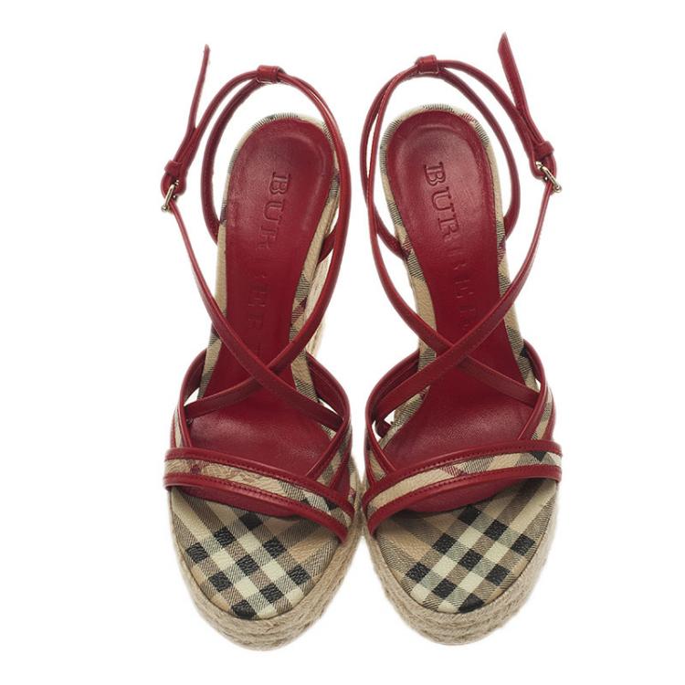 Pre Owned Burberry Red Leather Espadrille Wedge Sandals Size 36