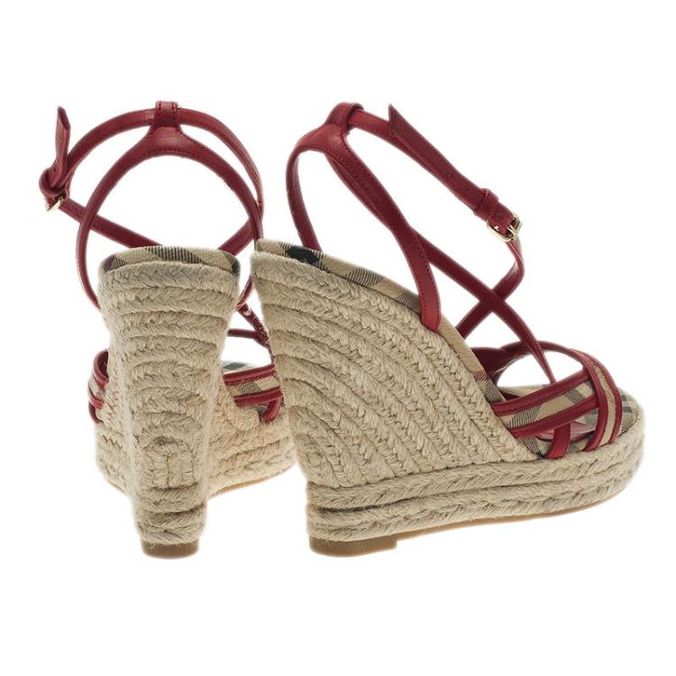 Pre Owned Burberry Red Leather Espadrille Wedge Sandals Size 36