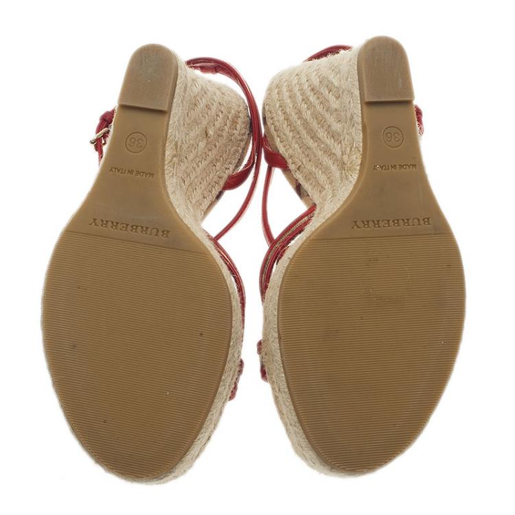 Pre Owned Burberry Red Leather Espadrille Wedge Sandals Size 36