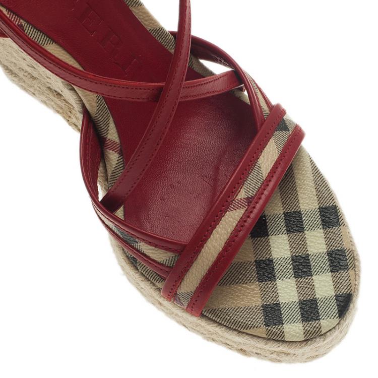 Pre Owned Burberry Red Leather Espadrille Wedge Sandals Size 36