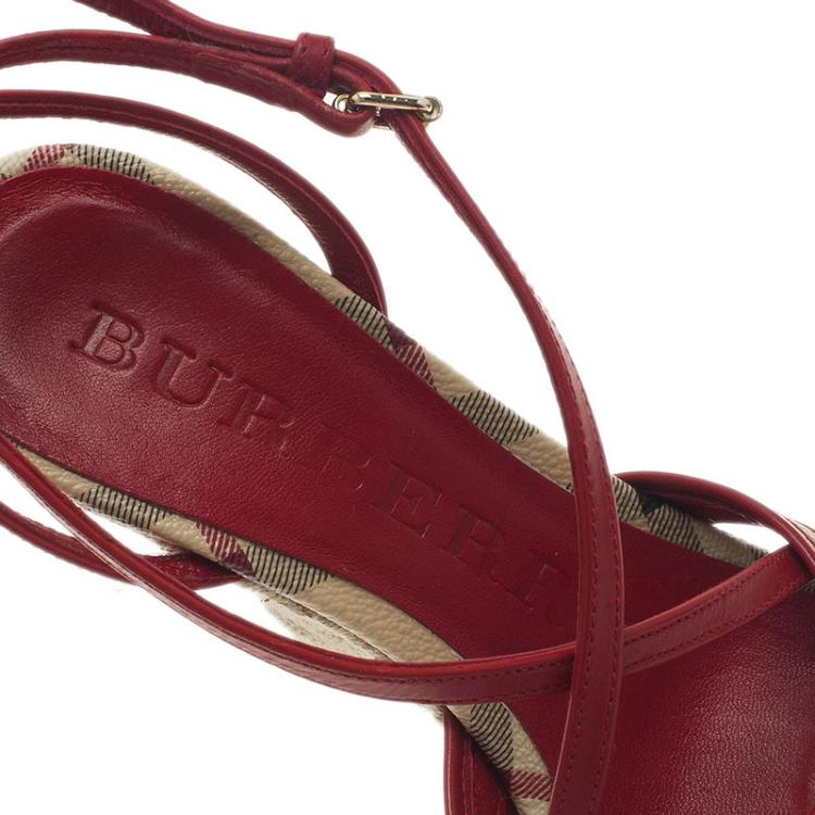 Pre Owned Burberry Red Leather Espadrille Wedge Sandals Size 36