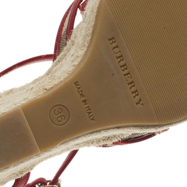 Pre Owned Burberry Red Leather Espadrille Wedge Sandals Size 36