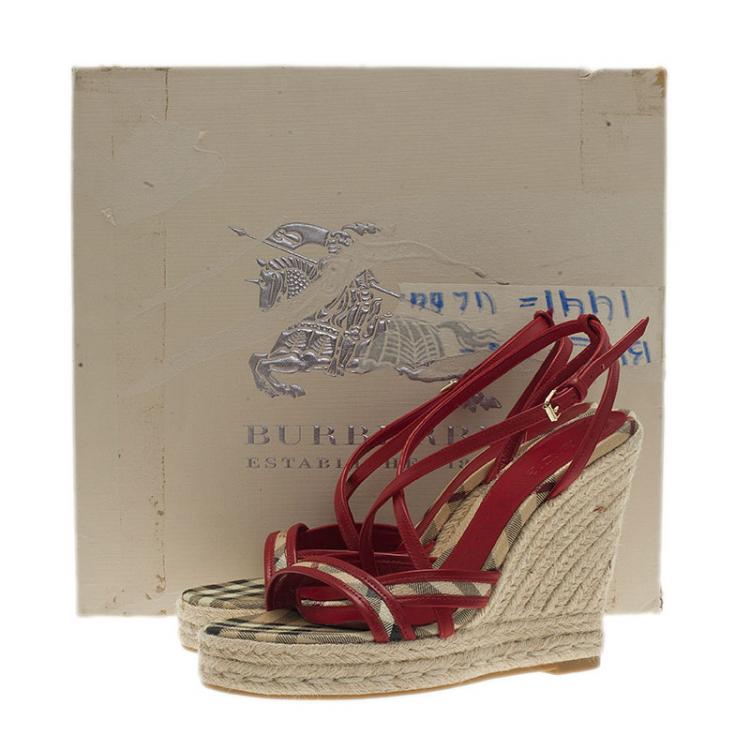 Pre Owned Burberry Red Leather Espadrille Wedge Sandals Size 36
