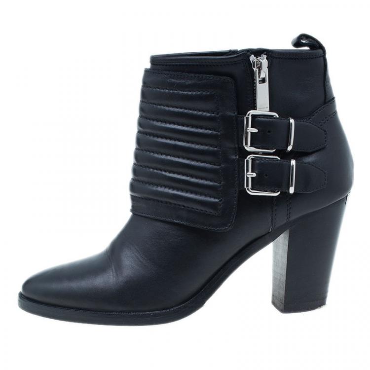 Pre Owned Burberry Black Leather Hirshel Moto Ankle Boots Size 38