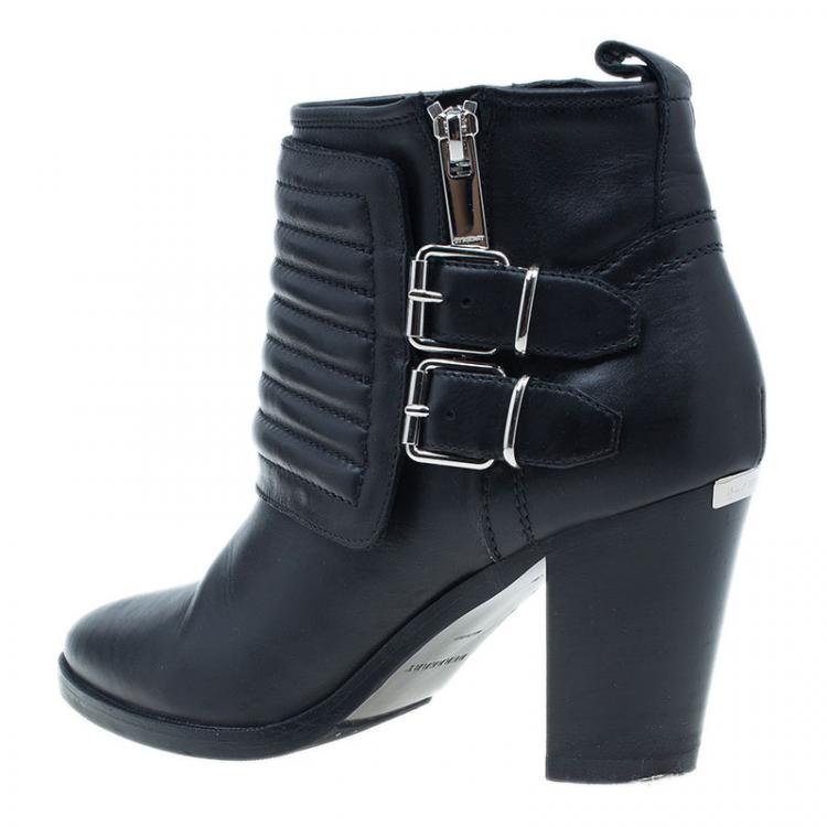 Pre Owned Burberry Black Leather Hirshel Moto Ankle Boots Size 38