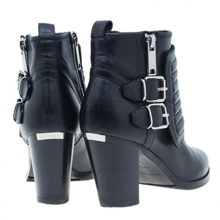 Pre Owned Burberry Black Leather Hirshel Moto Ankle Boots Size 38