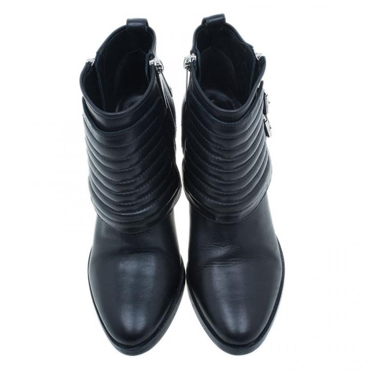 Pre Owned Burberry Black Leather Hirshel Moto Ankle Boots Size 38