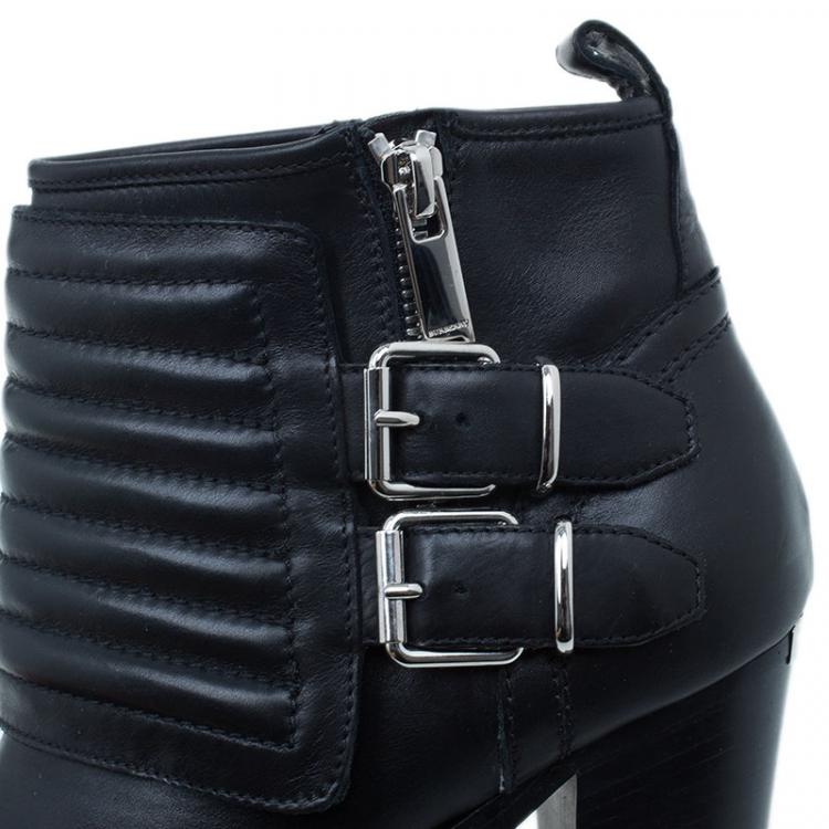 Pre Owned Burberry Black Leather Hirshel Moto Ankle Boots Size 38